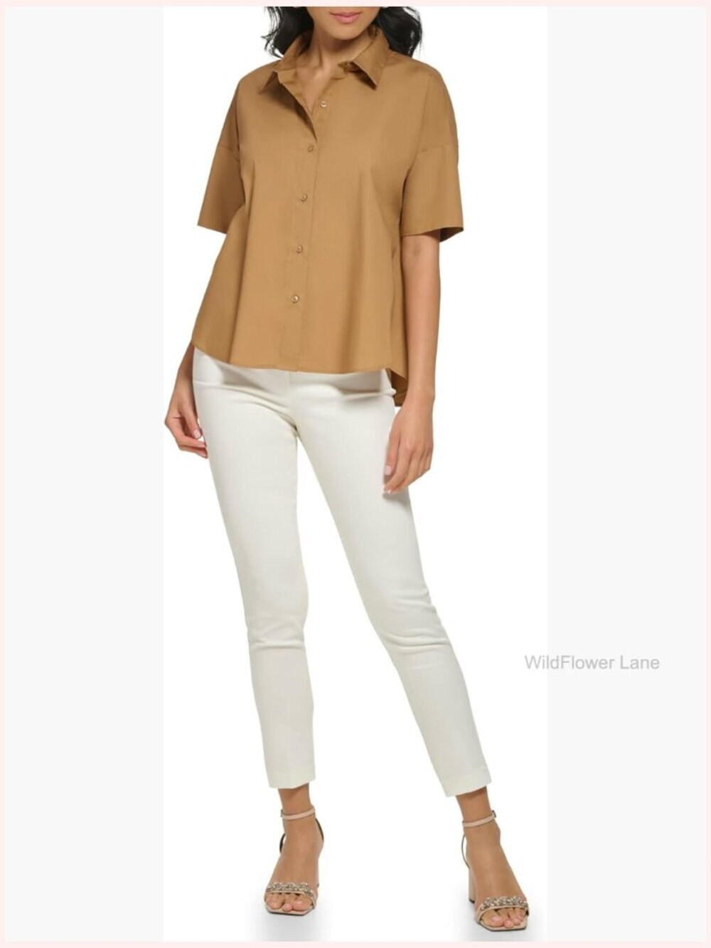 Women's Poplin Hi Lo Short Sleeve Button Down Blouse
